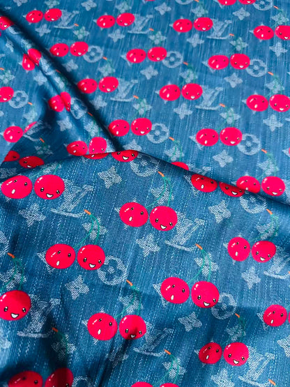 Craft Denim Design LV With Cherry Silk Printing Cloth Fabric For Handmade Handicraft Goods By Yard