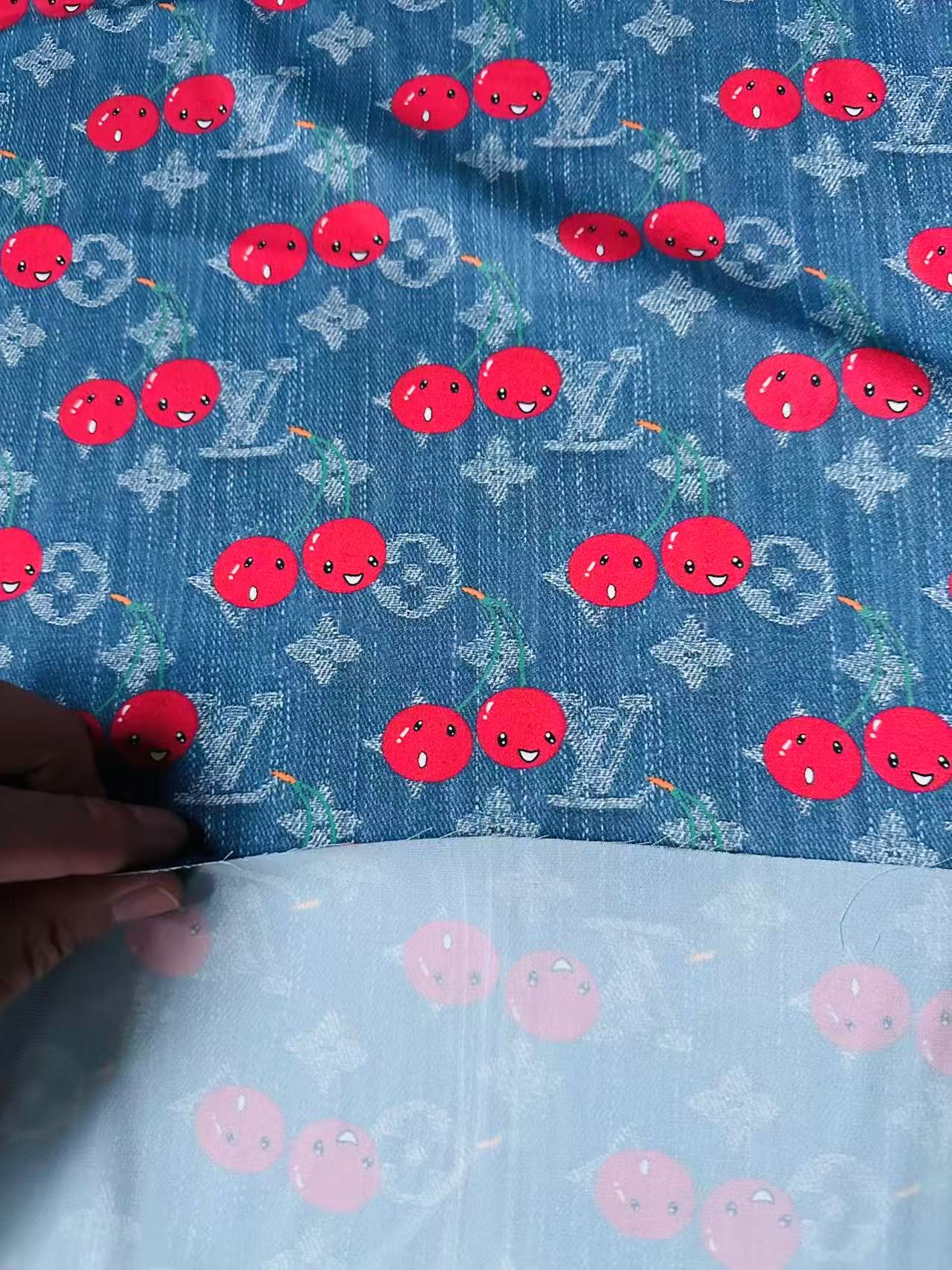 Craft Denim Design LV With Cherry Silk Printing Cloth Fabric For Handmade Handicraft Goods By Yard