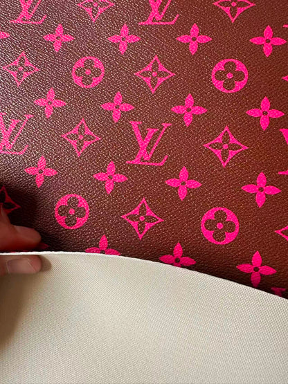 Fashion Hot Pink With Burnt Brown LV Vinyl Leather for Handmade Shoes ,Bags,Handicraft Goods By Yard