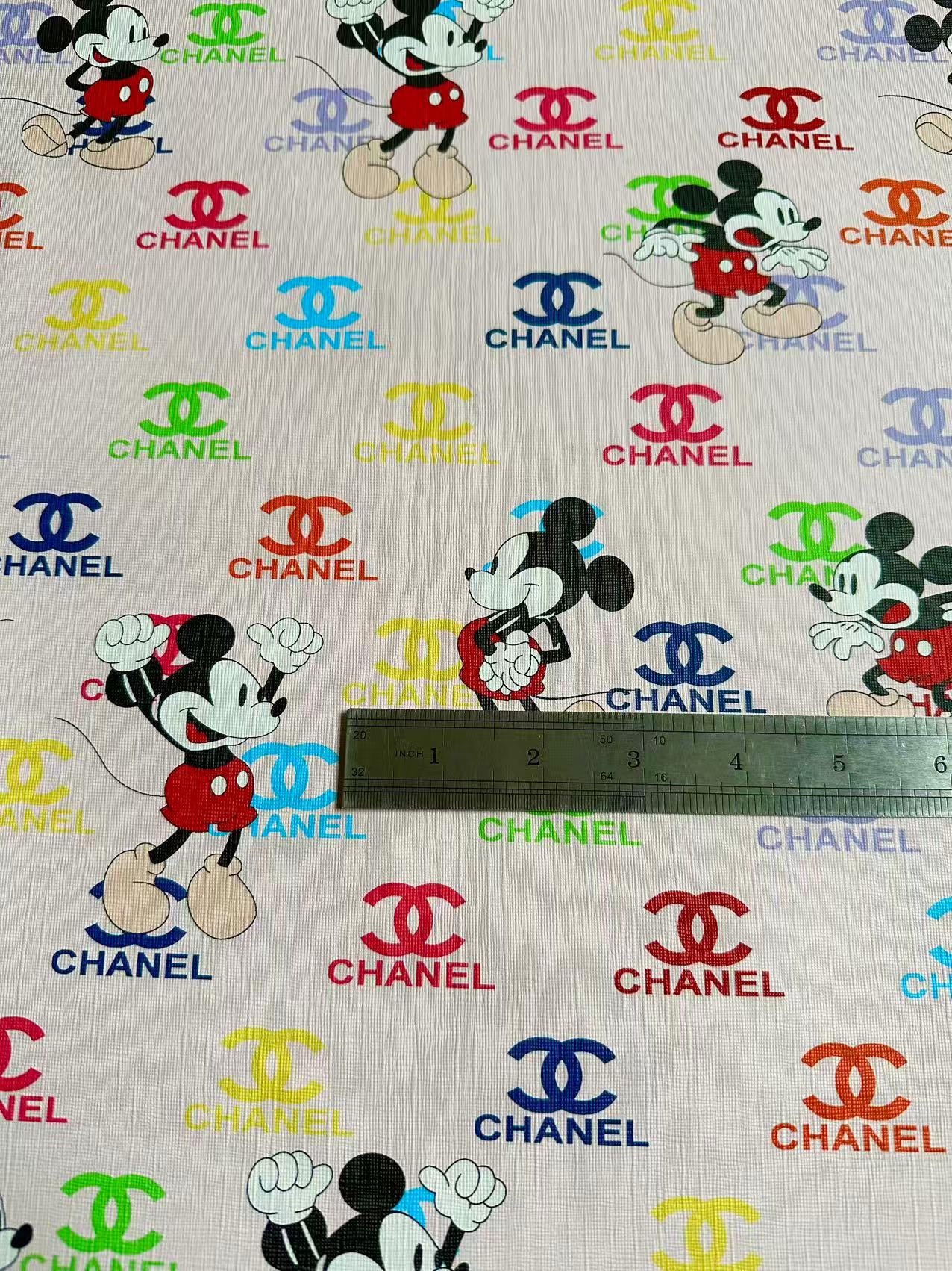 Fashion Colorful Chanel With Mickey Mouse Leather Fabric For Handmade Sneaker, Upholstery Goods By Yard