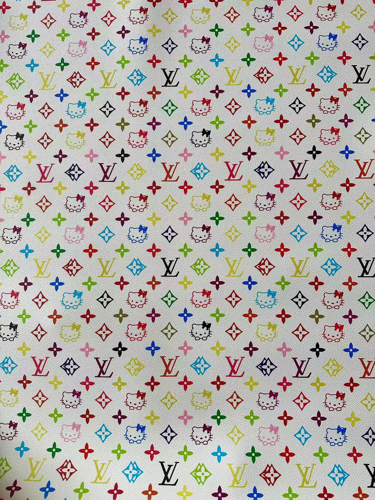 Colorful LV With Hello Kitty Vinyl Leather Fabric For Bag ,shoes ,Handicraft Goods By Yards
