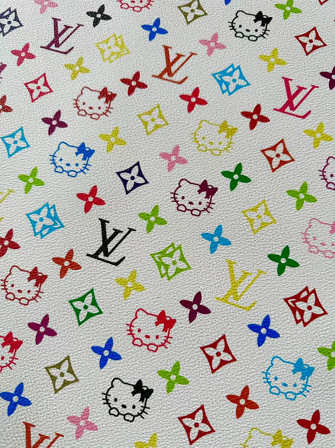 Colorful LV With Hello Kitty Vinyl Leather Fabric For Bag ,shoes ,Handicraft Goods By Yards