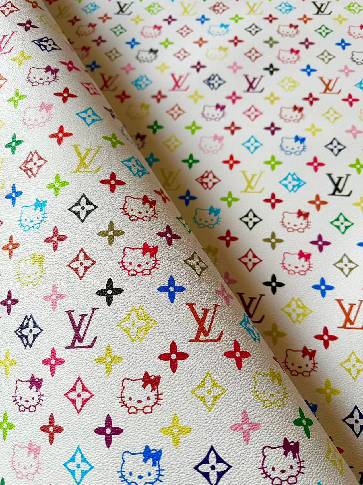 Colorful LV With Hello Kitty Vinyl Leather Fabric For Bag ,shoes ,Handicraft Goods By Yards