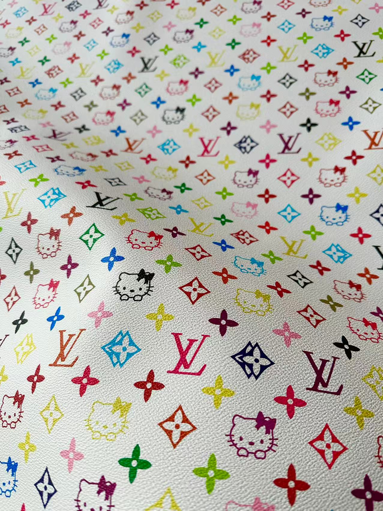 Colorful LV With Hello Kitty Vinyl Leather Fabric For Bag ,shoes ,Handicraft Goods By Yards