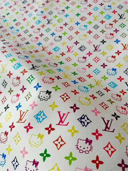 Colorful LV With Hello Kitty Vinyl Leather Fabric For Bag ,shoes ,Handicraft Goods By Yards