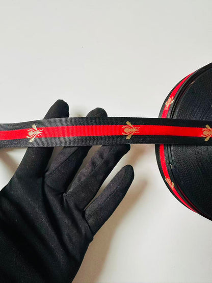 Classic Gucci with Bee Strap ,Handmade Striped Ribbon Trim with Bee Embroidered For shoes ,Bags ,Handicrafts By Yard (Black with Red )