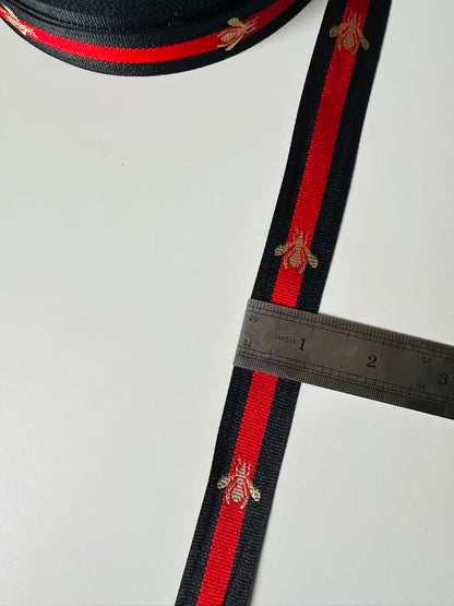 Classic Gucci with Bee Strap ,Handmade Striped Ribbon Trim with Bee Embroidered For shoes ,Bags ,Handicrafts By Yard (Black with Red )