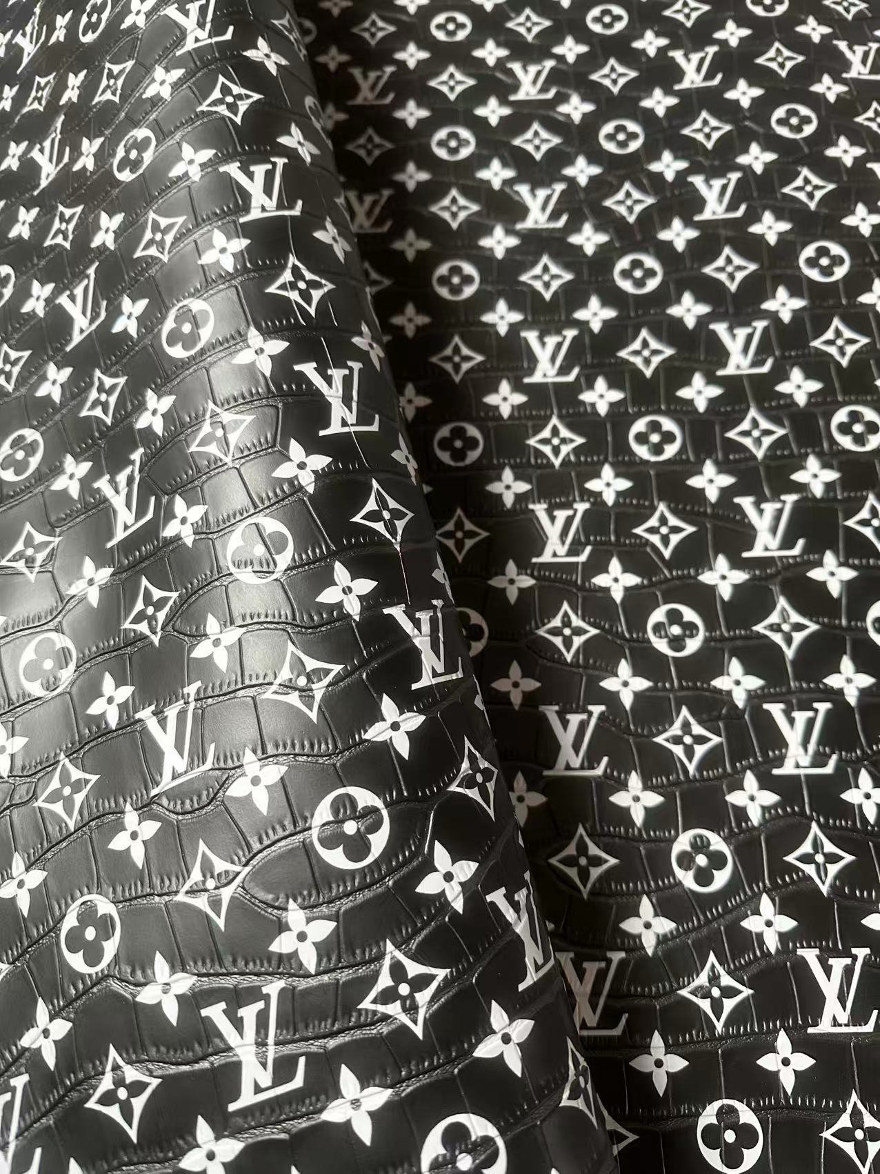 Craft LV Crocodile Texture Alligator Leather Fabric For Handmade Sneaker, Bag Upholstery Goods By Yard (Black)