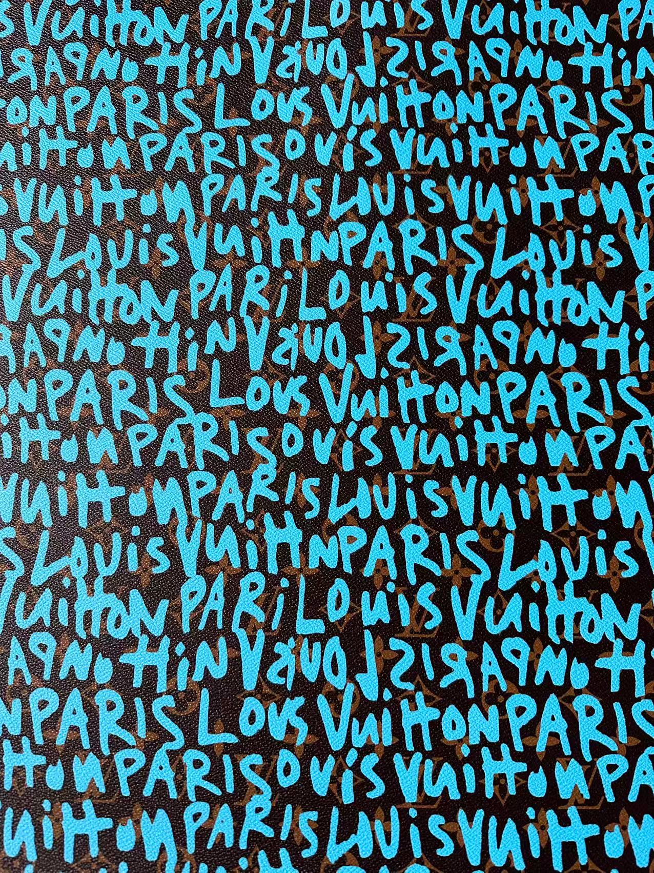 Fashion LV Graffiti Letter Design Vinyl Leather for Handmade Shoes ,Handmade Bags Leather By Yard (Sky Blue)
