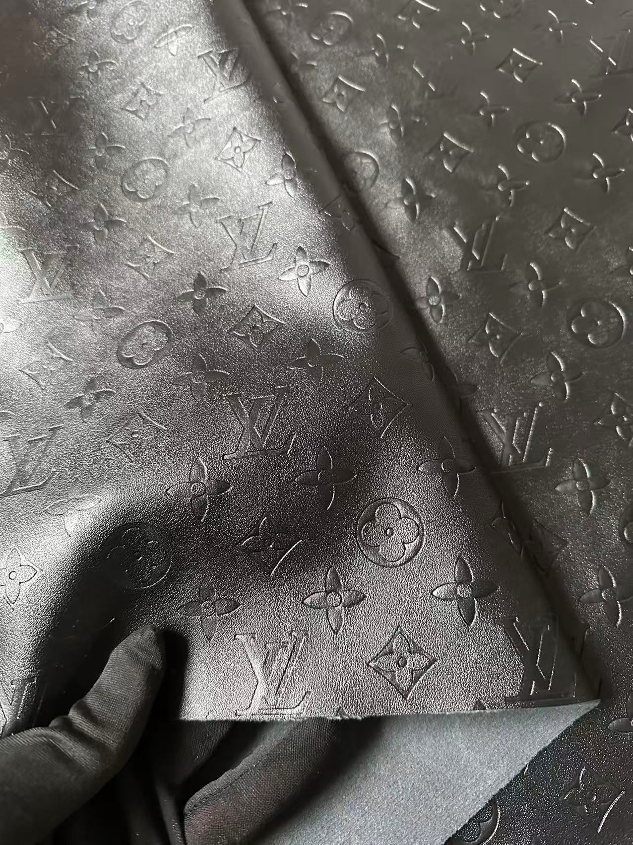 Craft Black LV Sheep Texture Embossed Leather Fabric For Handmade Shoes,Bag,Upholstery Goods By Yard