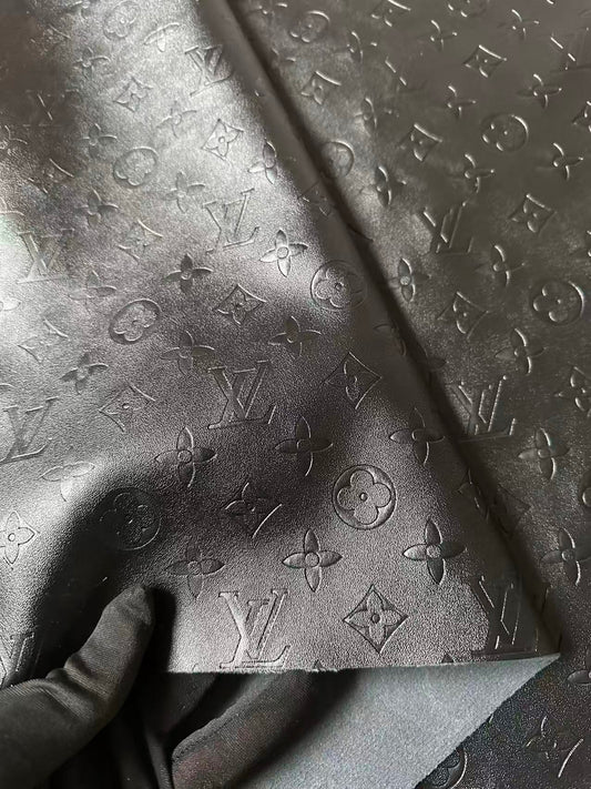Craft Black LV Sheep Texture Embossed Leather Fabric For Handmade Shoes,Bag,Upholstery Goods By Yard