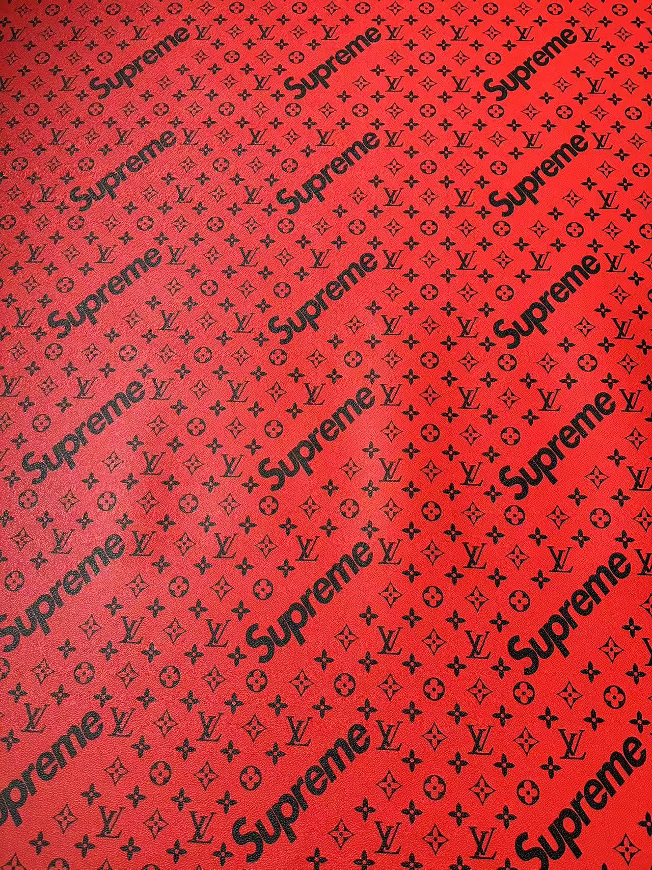 Fashion LV Red With Black Supreme Leather Case Fabric For Handmade Bag, Shoes Goods By Yards