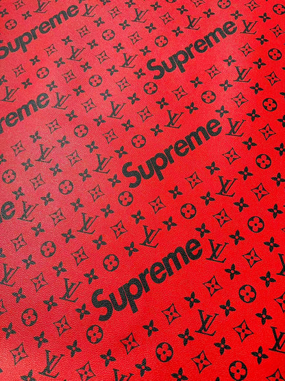 Fashion LV Red With Black Supreme Leather Case Fabric For Handmade Bag, Shoes Goods By Yards