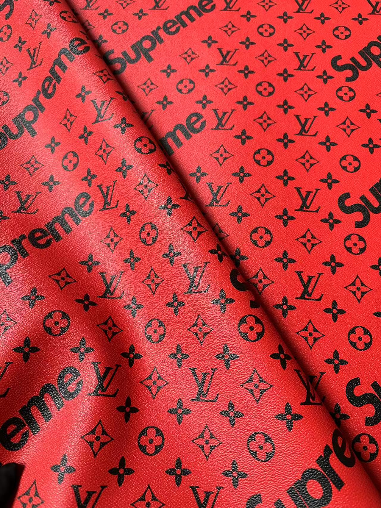 Fashion LV Red With Black Supreme Leather Case Fabric For Handmade Bag, Shoes Goods By Yards