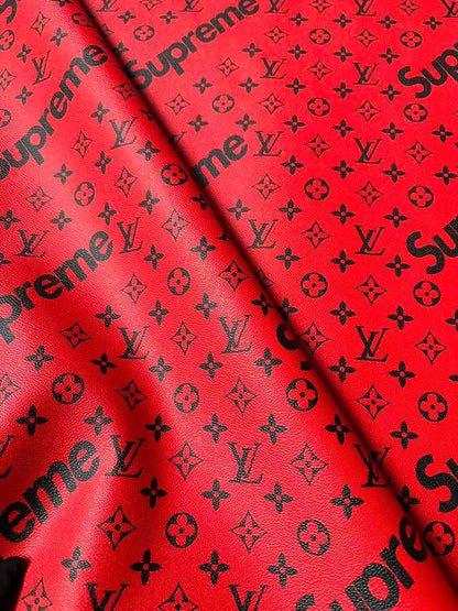 Fashion LV Red With Black Supreme Leather Case Fabric For Handmade Bag, Shoes Goods By Yards