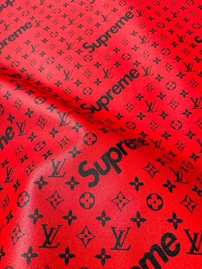 Fashion LV Red With Black Supreme Leather Case Fabric For Handmade Bag, Shoes Goods By Yards