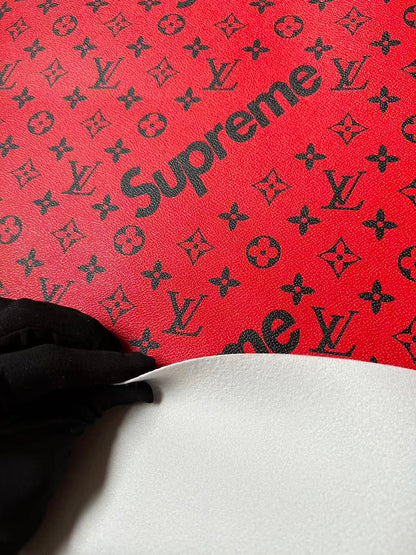 Fashion LV Red With Black Supreme Leather Case Fabric For Handmade Bag, Shoes Goods By Yards