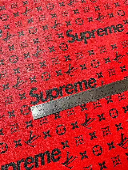 Fashion LV Red With Black Supreme Leather Case Fabric For Handmade Bag, Shoes Goods By Yards