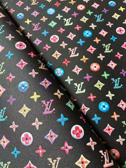 Black Colorful DIY Graffiti LV Leather Fabric For Sneaker, Shoes Upholstery Goods By Yard