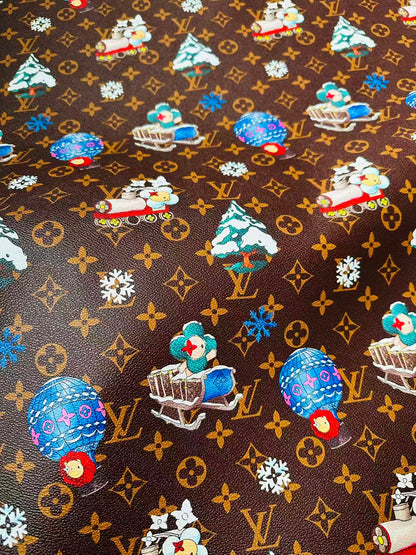 Fashion LV With Merry Christmas Snow Leather Fabric For Handmade Shoes,Car Upholstery Goods By Yard