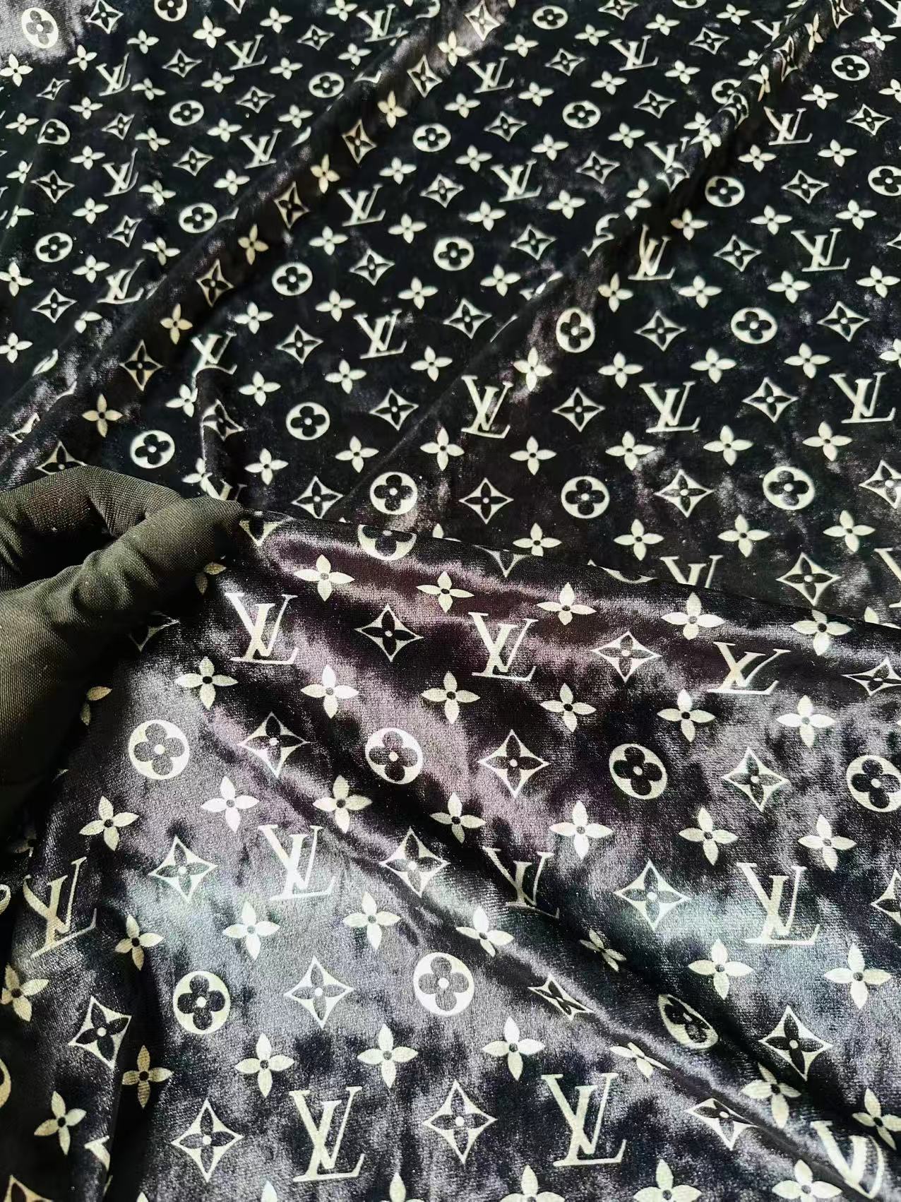 Craft Luxury Black With White LV Knitting Velvet Fabric For Handmade Sneaker,Car Upholstery and Clothing By Yard