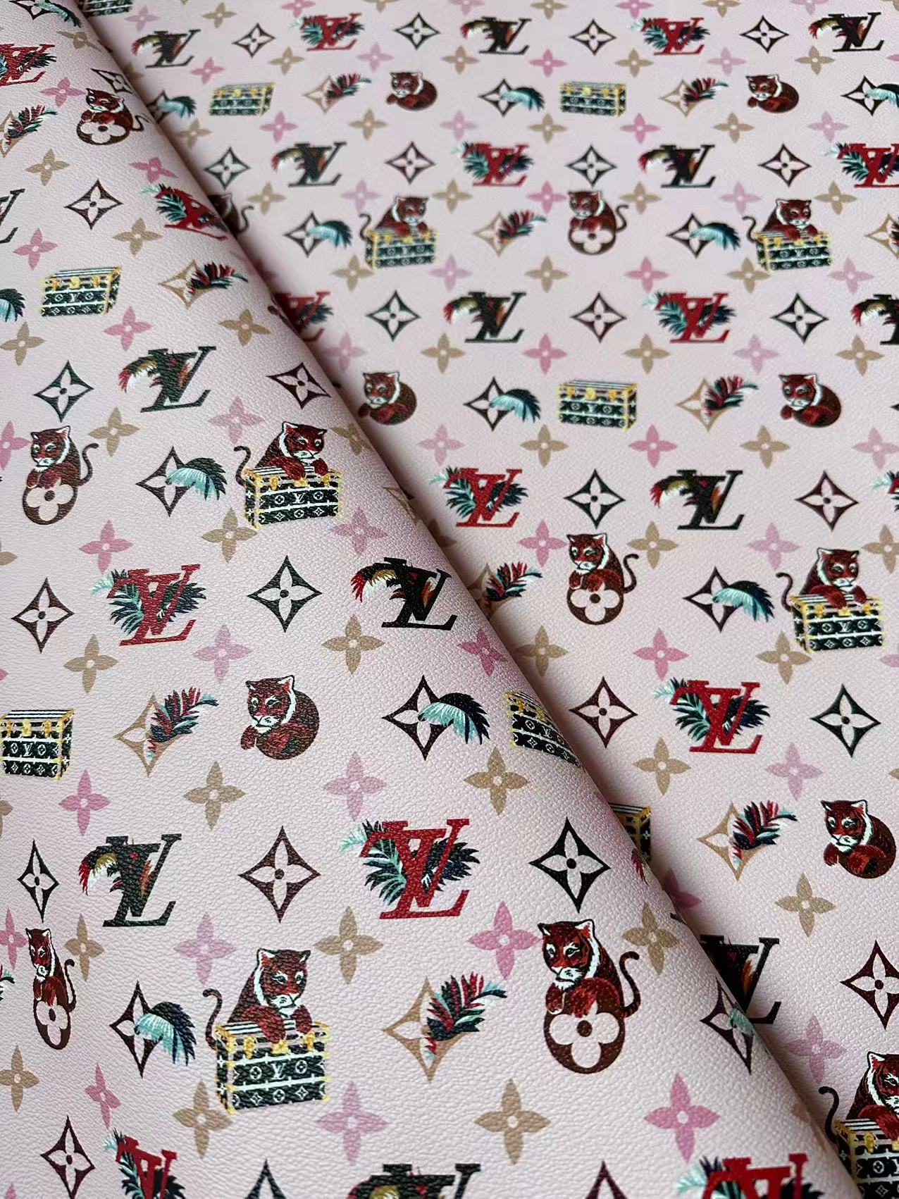 Craft Pink Tiger LV Leather Fabric For Handmade Shoes, Bag ,Upholstery Goods By Yard