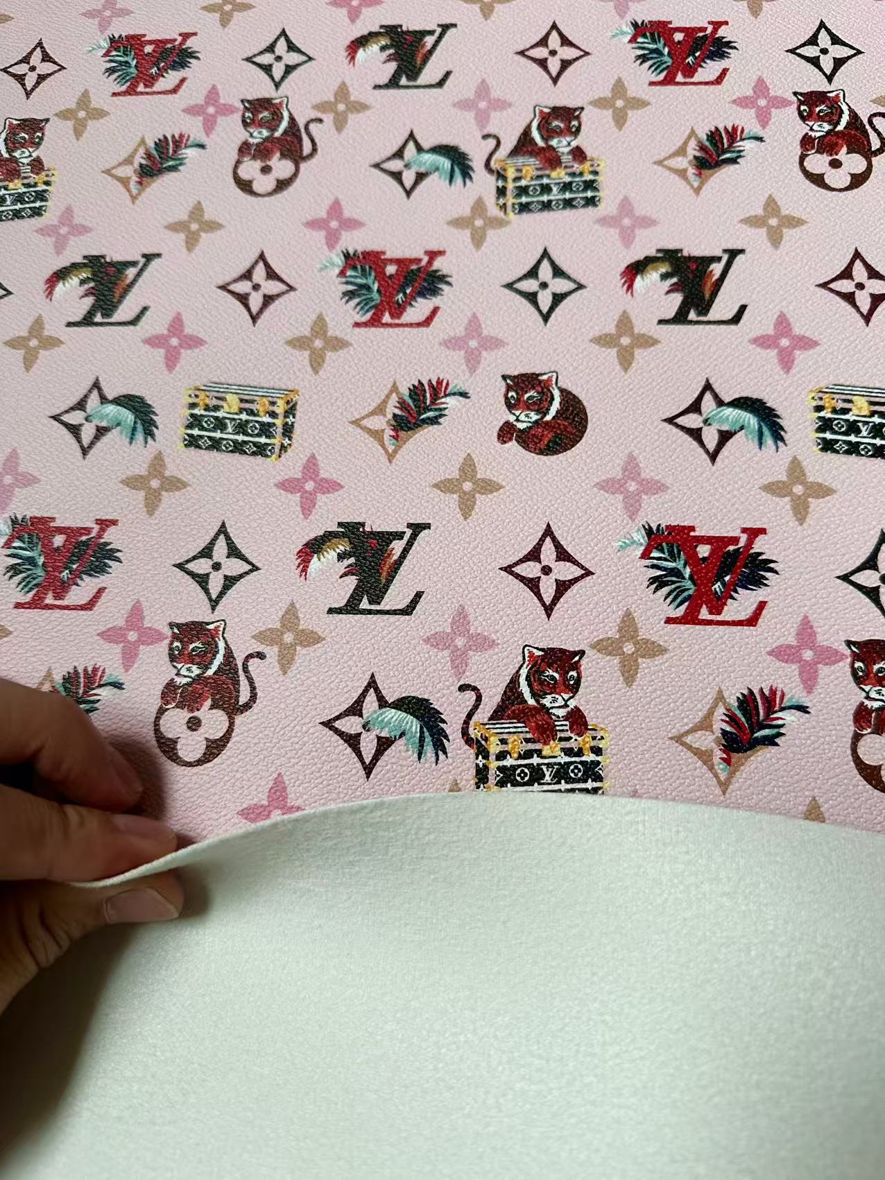 Craft Pink Tiger LV Leather Fabric For Handmade Shoes, Bag ,Upholstery Goods By Yard