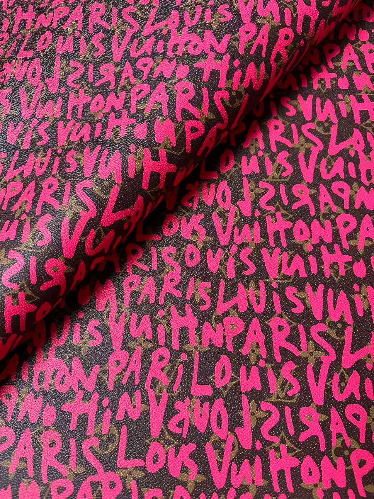 Fashion Pink Graffiti LV Leather Fabric For Handmade Sneaker ,Bag Goods