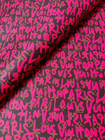 Fashion Pink Graffiti LV Leather Fabric For Handmade Sneaker ,Bag Goods