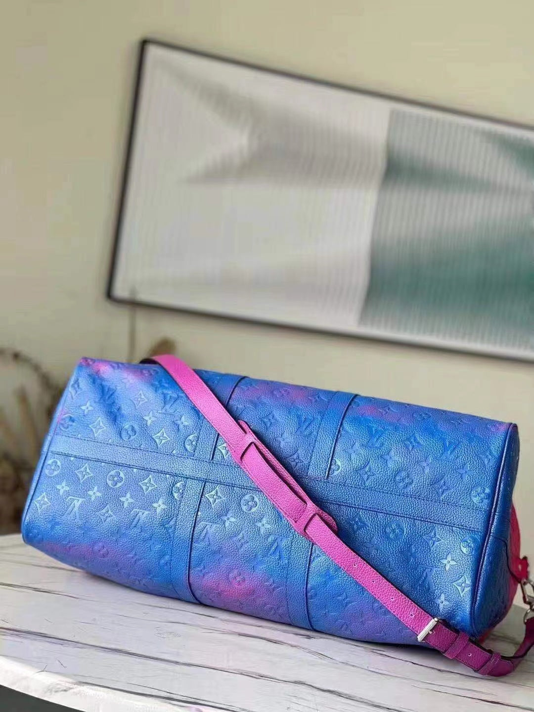 Fashion Red with Blue Gradual Change Design LV PU Material leather