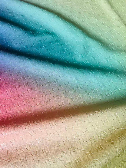 Fashion Gradient Colorful Rainbow LV Embossed Leather Fabric For Handmade Box,Upholstery Goods