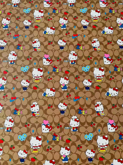 Fashion Hello Kitty With Coach Cup Design Leather Fabric For Handmade Handicraft By Yards