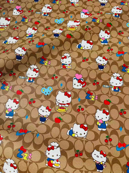 Fashion Hello Kitty With Coach Cup Design Leather Fabric For Handmade Handicraft By Yards