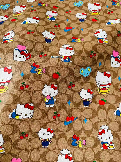 Fashion Hello Kitty With Coach Cup Design Leather Fabric For Handmade Handicraft By Yards