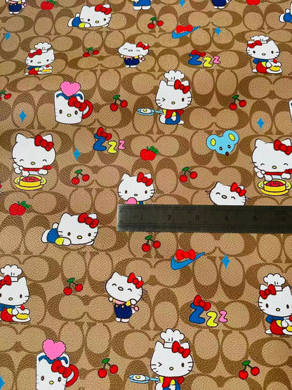 Fashion Hello Kitty With Coach Cup Design Leather Fabric For Handmade Handicraft By Yards