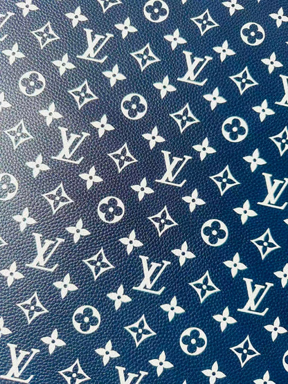 Fashion Navy Blue With White LV Leather For Handmade Sneaker, Bag,Upholstery Goods By Yard